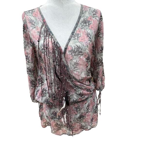 Johnny Was 4 Love & Liberty Top Small Faux Wrap‎ Peasant Blouse Floral Beads - Picture 1 of 15